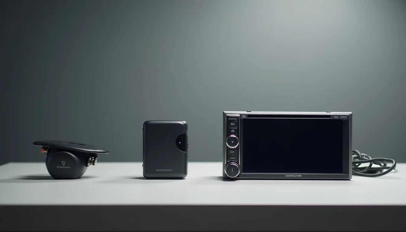 Comparatif de trois modèles de kits main libre posés sur un établi d atelier — boîtier visor, transmetteur FM et autoradio aftermarket