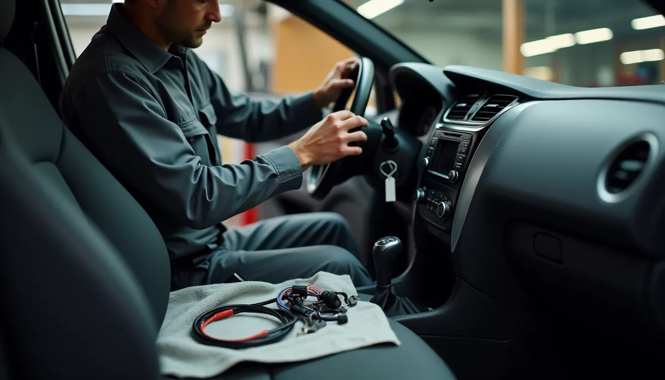 Technicien automobile en salopette installant un autoradio Bluetooth dans le tableau de bord d une voiture en atelier