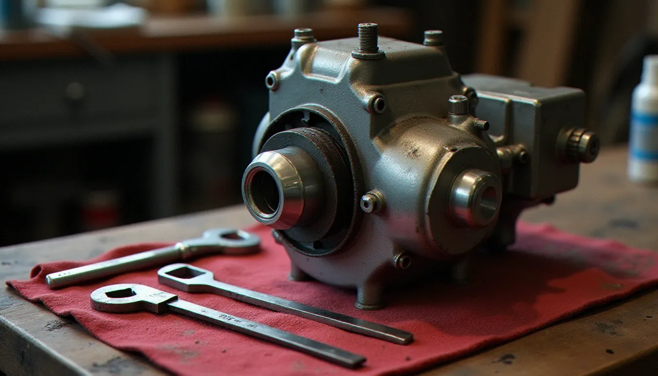 Moteur AM6 deux temps démonté sur établi avec cylindre retiré et outils de mécanique, en préparation pour le montage d'un kit 70 Fast