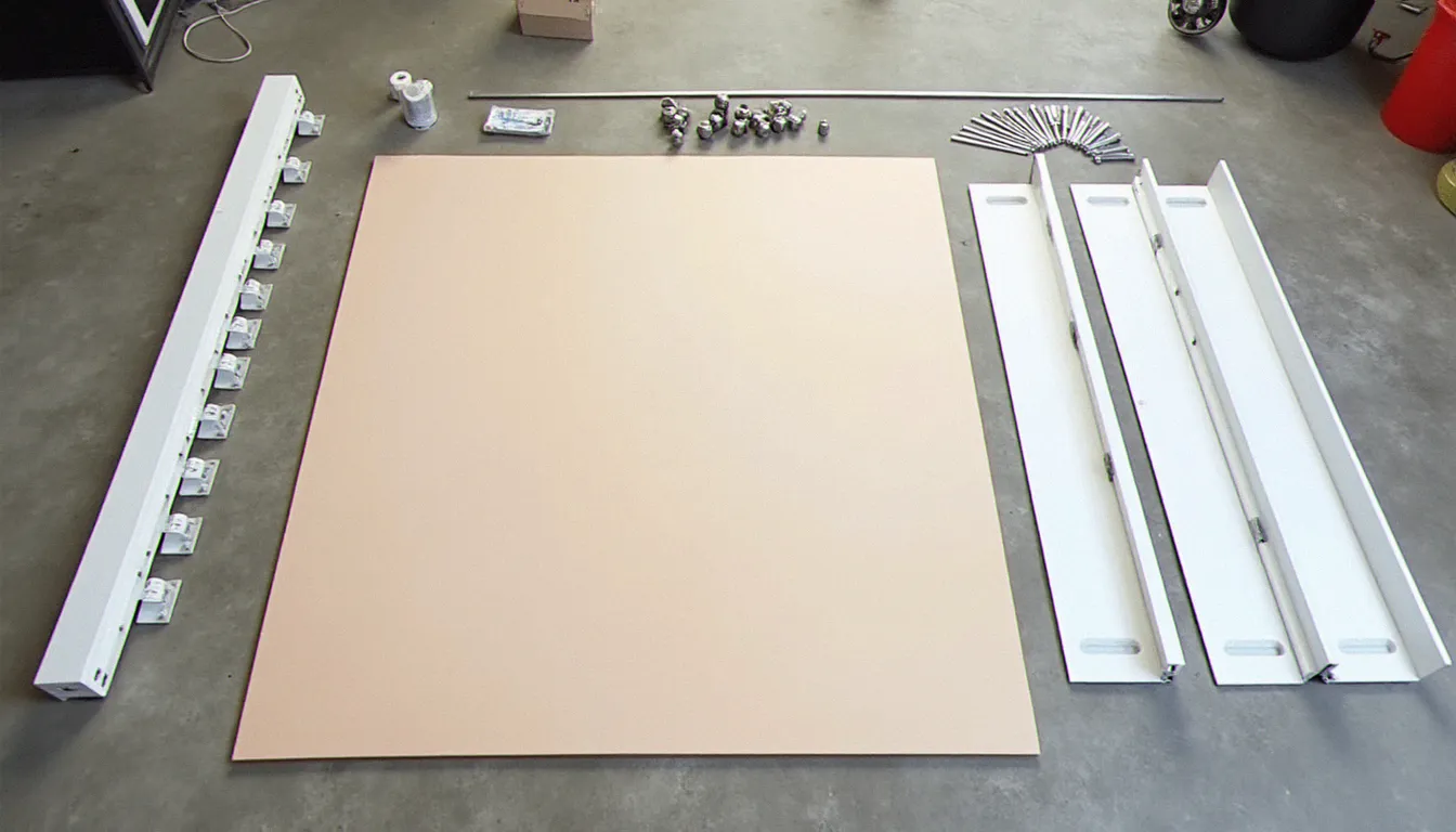 Composants d'un kit d'aménagement pour Peugeot Expert L1H1 disposés sur le sol d'atelier : plancher contreplaqué, panneaux PEHD, rails aluminium et visserie de fixation