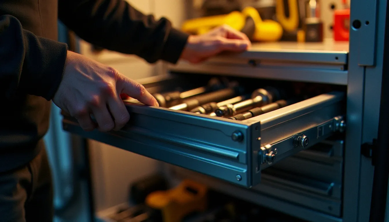 Tiroir coulissant verrouillable en aluminium intégré à l'aménagement d'un Expert L1H1, outils rangés et accessibles illustrant le choix des matériaux pour utilitaire professionnel