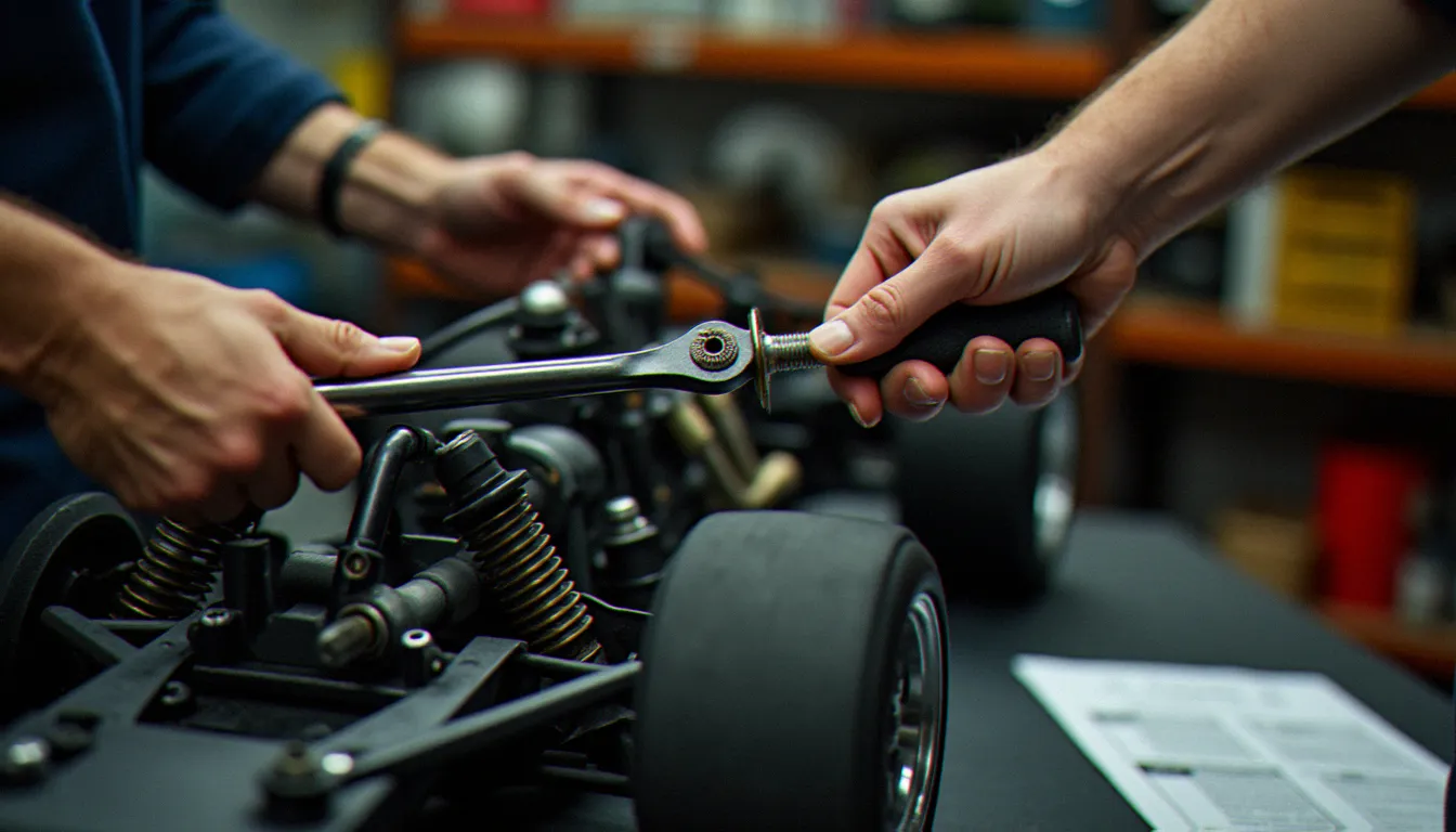 Gros plan sur le montage des triangles de suspension d'une auto en kit, avec clé dynamométrique et manuel d'assemblage sur l'établi en arrière-plan