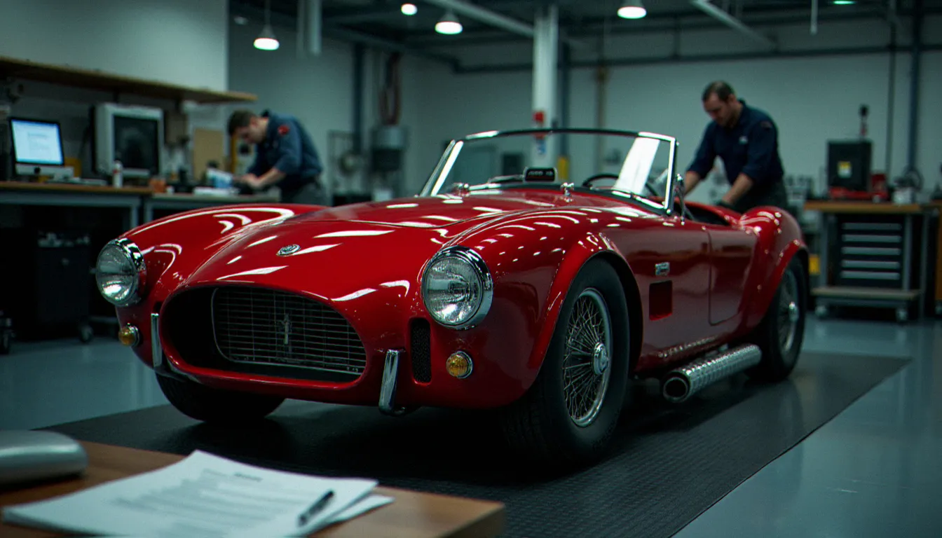 Auto en kit roadster rouge complète présentée à un contrôleur technique pour les démarches d'homologation à titre isolé en France