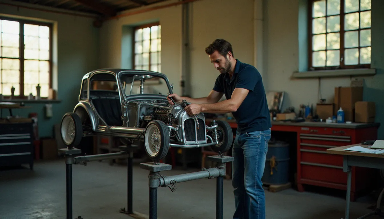 Assemblage d'une automobile en kit de style années 60 dans un atelier artisanal, mécanicien amateur serrant les boulons de suspension sur un châssis tubulaire en acier