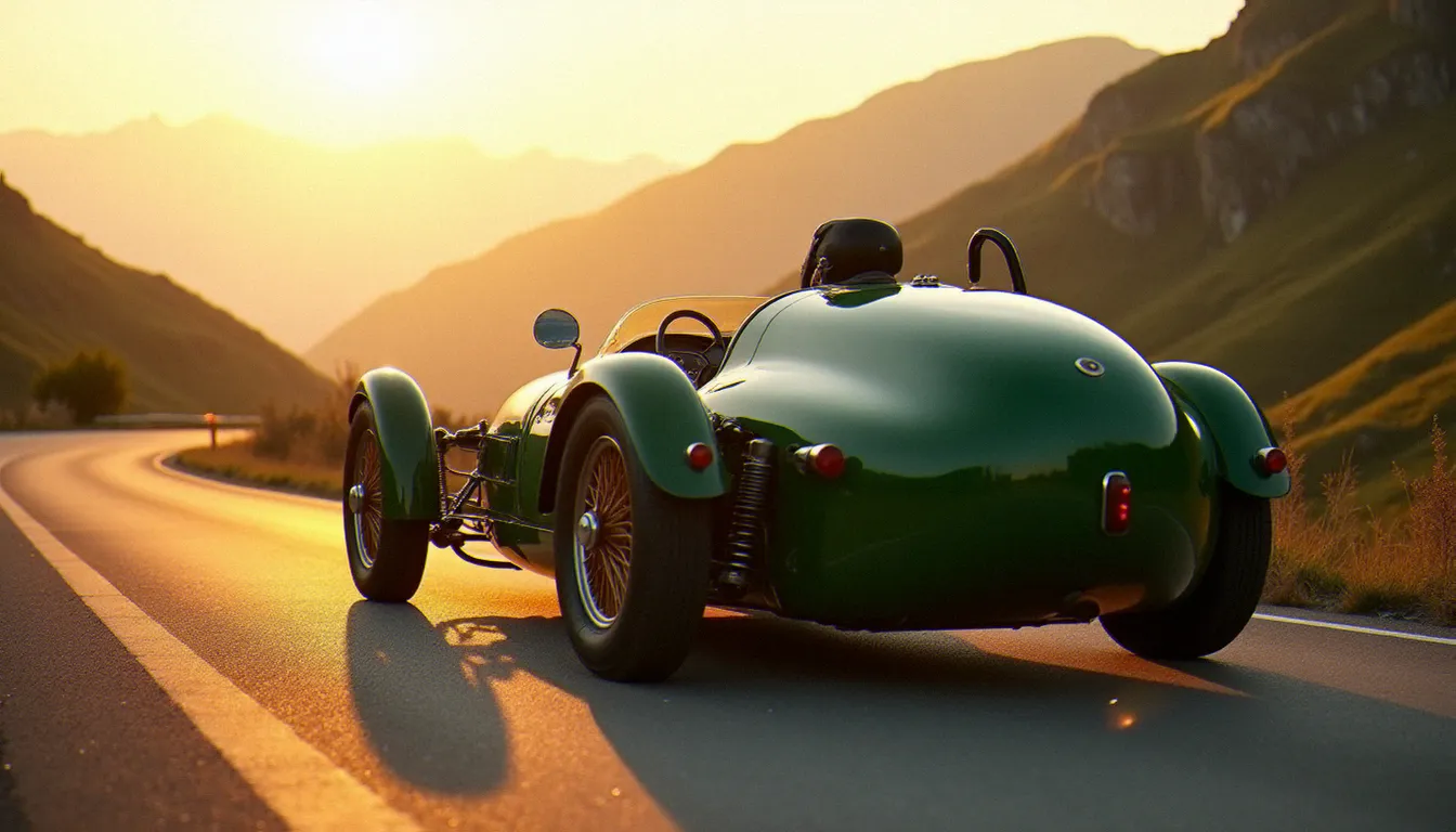 Automobile en kit biplace décapotable verte photographiée en contre-plongée sur une route de montagne au coucher du soleil, soulignant sa carrosserie aérodynamique et sa construction ultralegère