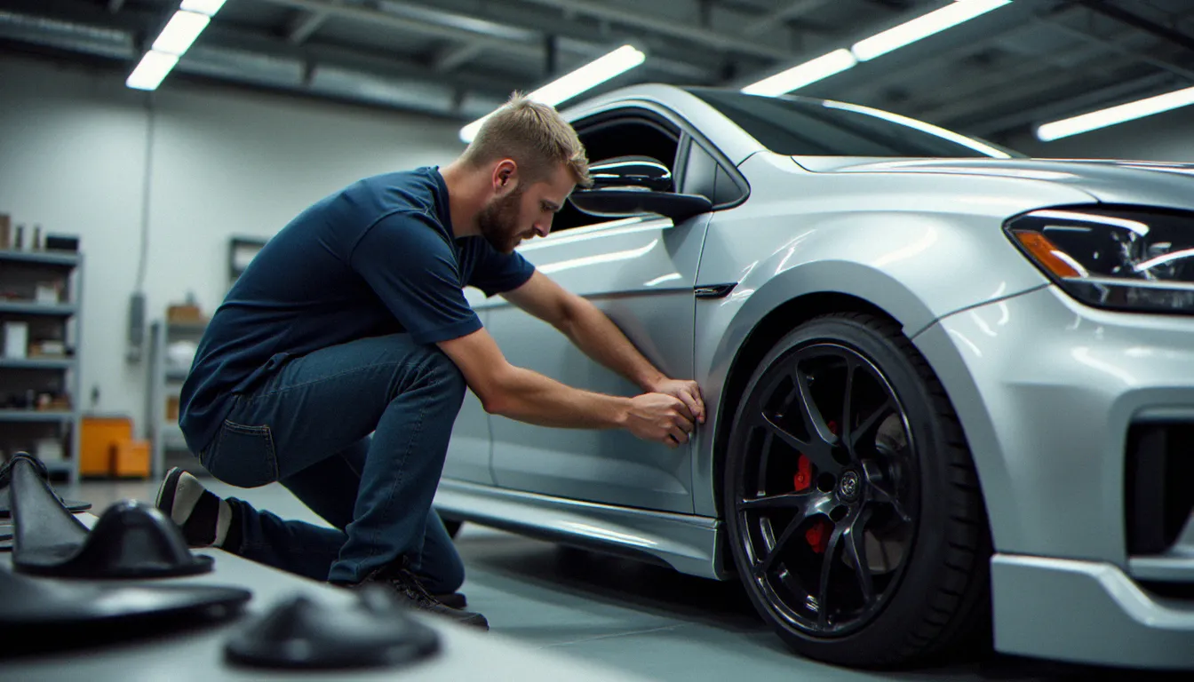 Technicien carrossier installant une jupe latérale de body kit en polyuréthane sur une compacte sportive abaissée dans un atelier de préparation automobile