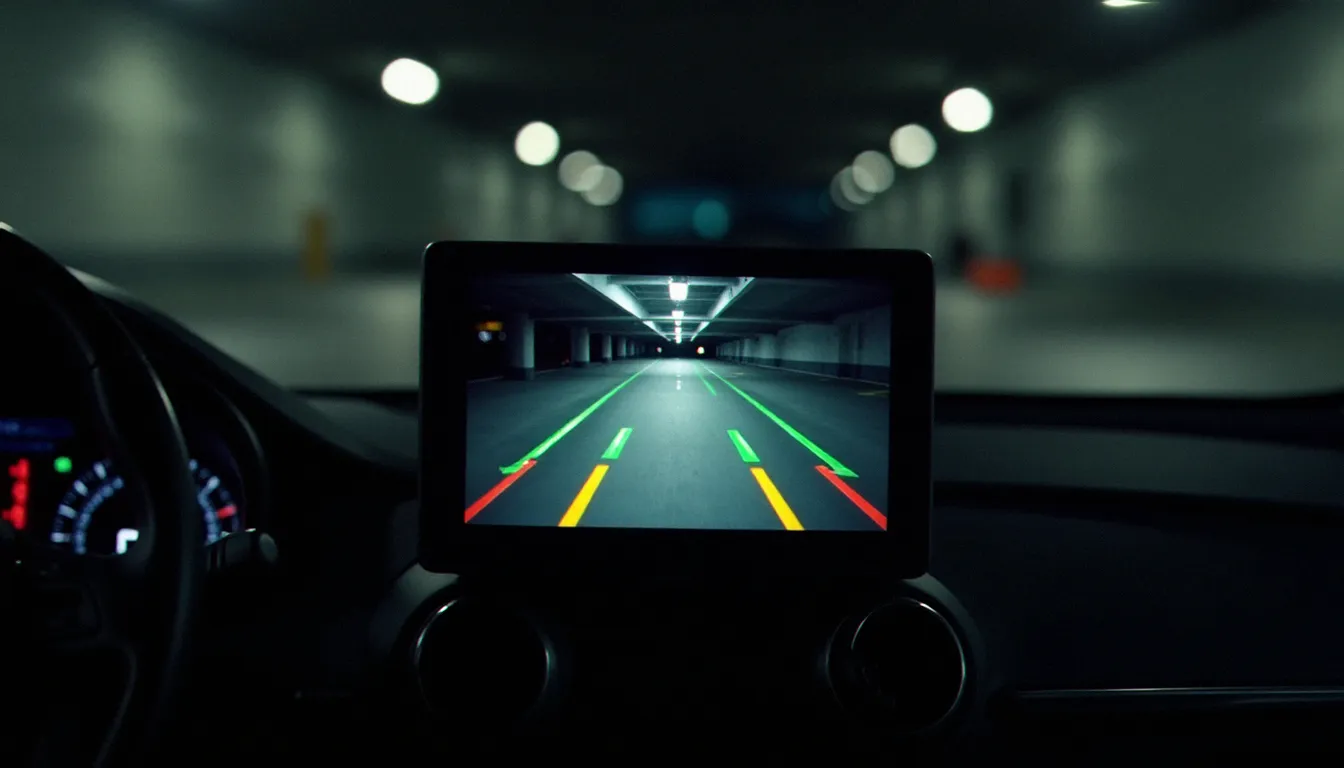 Écran de 7 pouces d'un kit caméra de recul affichant les lignes de guidage dynamiques colorées en situation nocturne dans un parking souterrain, vu depuis le siège conducteur