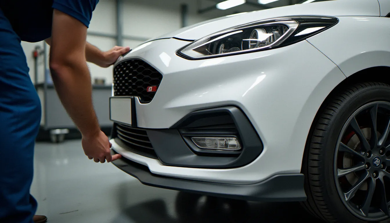 Kit lèvre avant en polyuréthane en cours de montage sur une Ford Fiesta MK8 blanche dans un atelier de carrosserie, finition apprêt gris prête à peindre