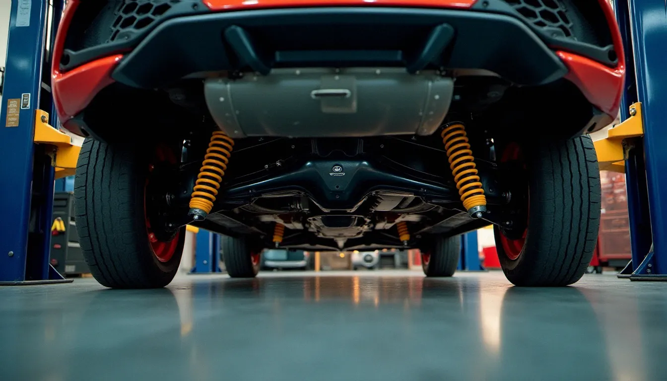 Combinés filetés jaunes et rouges installés sous une Ford Fiesta ST sur pont de levage en atelier, permettant le réglage de la hauteur de caisse pour le tuning suspension
