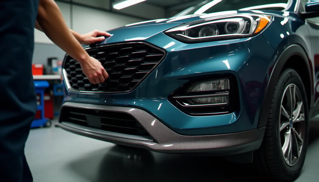Installation d'un kit lèvre avant polyuréthane sur Ford Kuga dans un atelier de préparation automobile professionnel