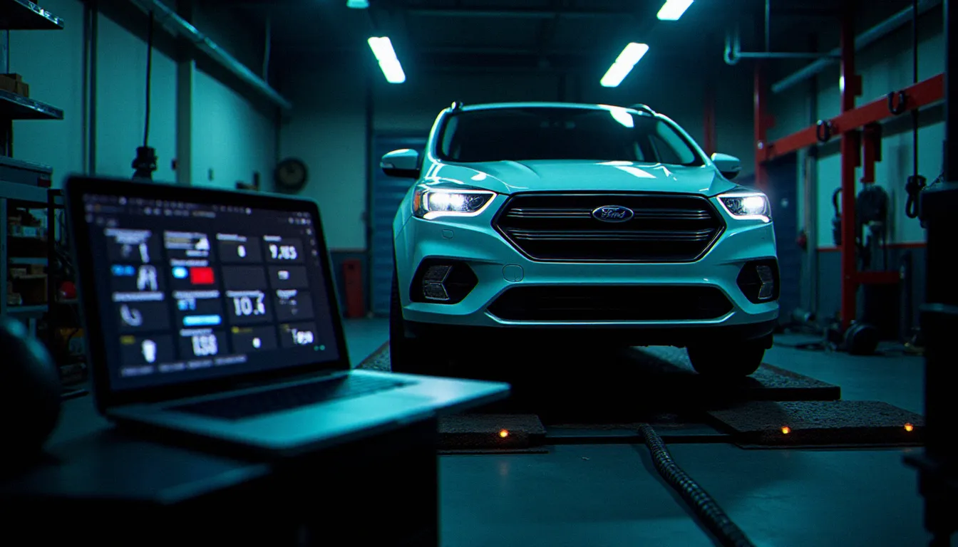 Ford Kuga sur banc de puissance lors d'une session de remap ECU dans un atelier de tuning spécialisé