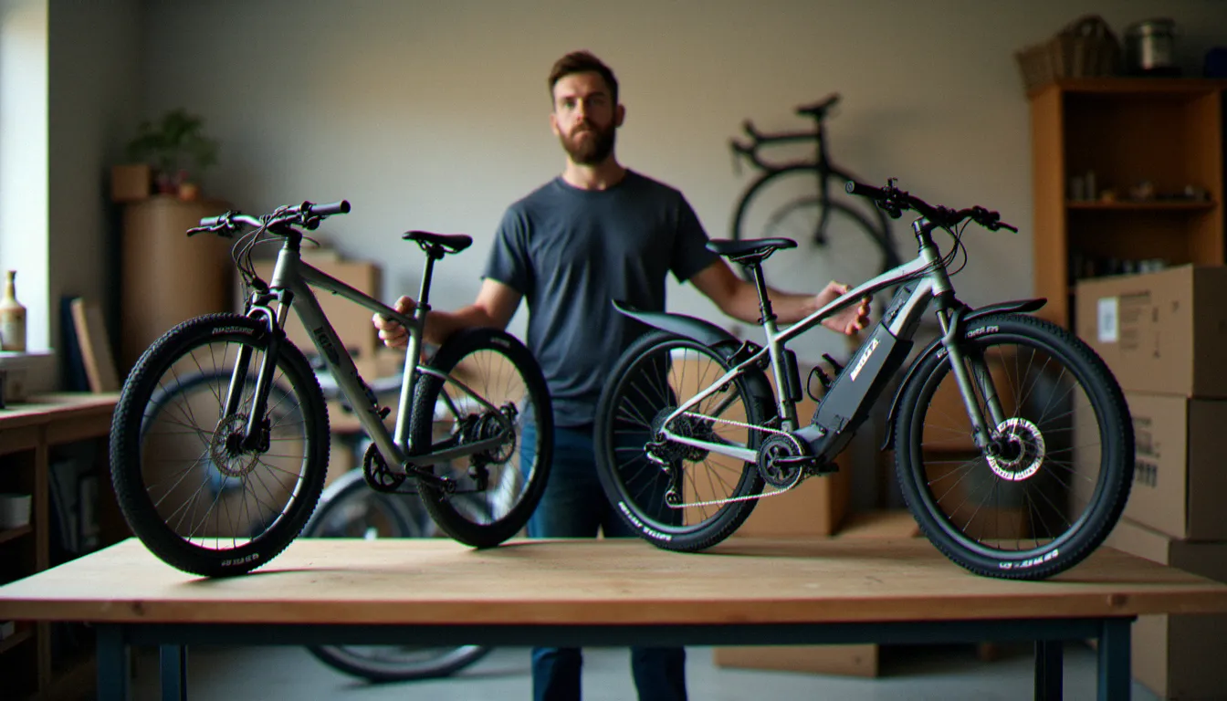 Comparaison de deux configurations de kit electrification velo, moyeu avant et moteur mid-drive, présentées côte à côte dans un atelier garage