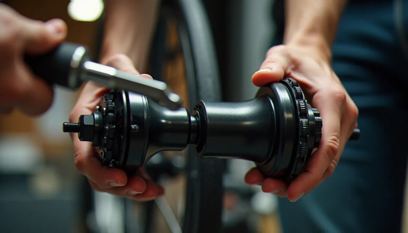 Installation précise d'un moteur mid-drive d'un kit electrification velo sur le boîtier de pédalier d'un vélo en atelier avec clé dynamométrique