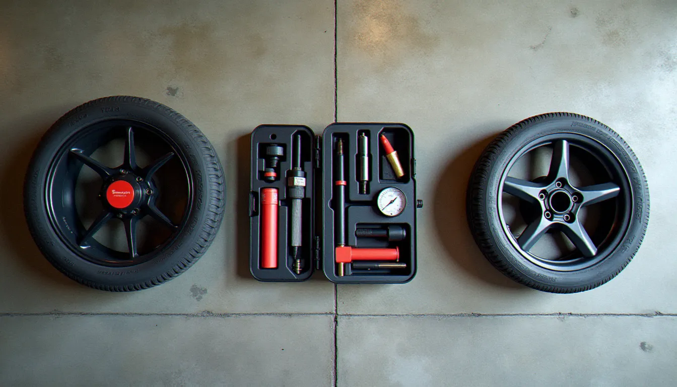 Vue de dessus de trois types de kits réparation pneu côte à côte sur un sol de garage en béton, incluant kit mousse, kit mèches et kit multifonctions complet