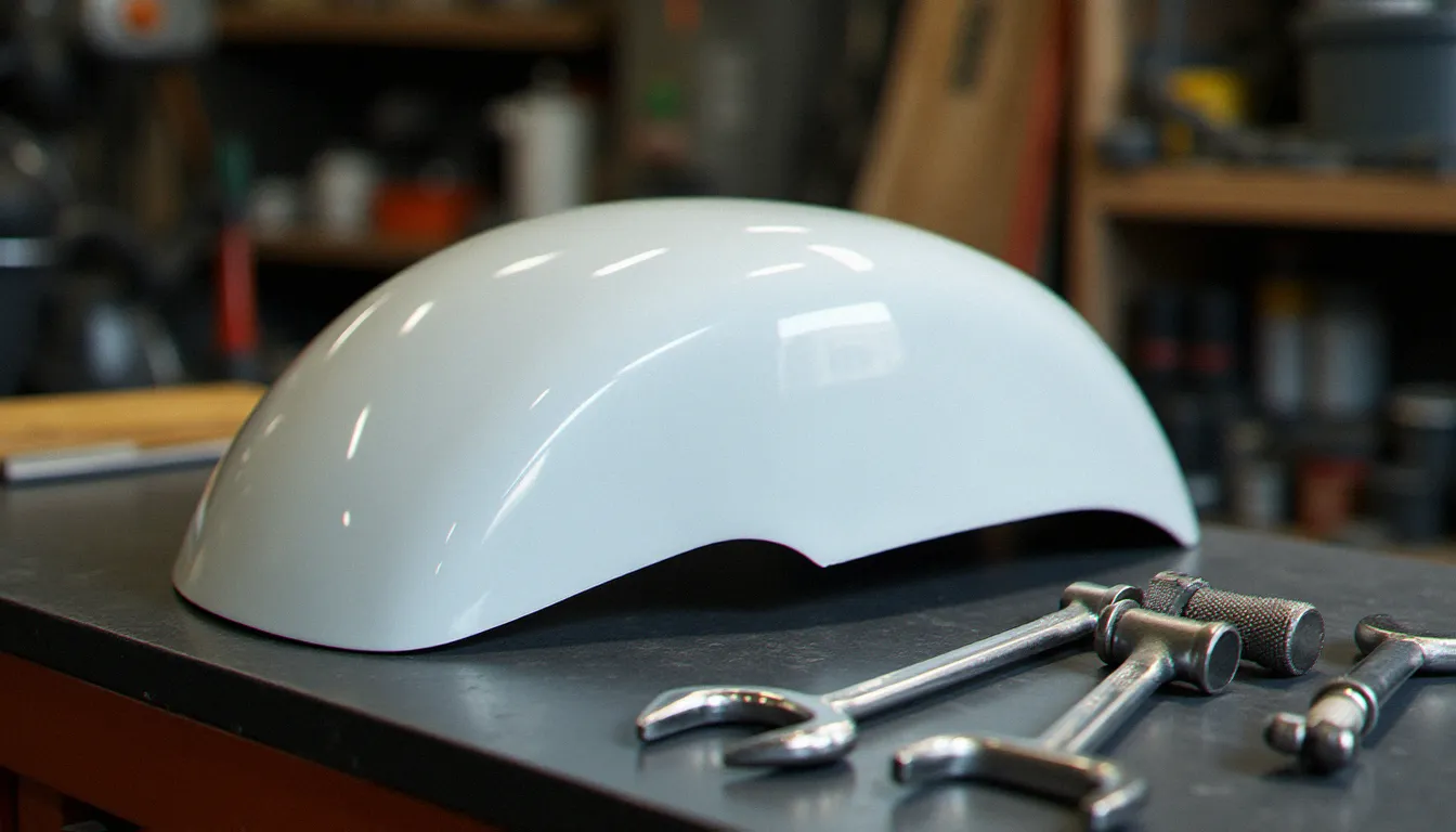 Panneau de carénage latéral en ABS d'un kit rally Transalp 600 posé sur un établi d'atelier avec visserie de montage