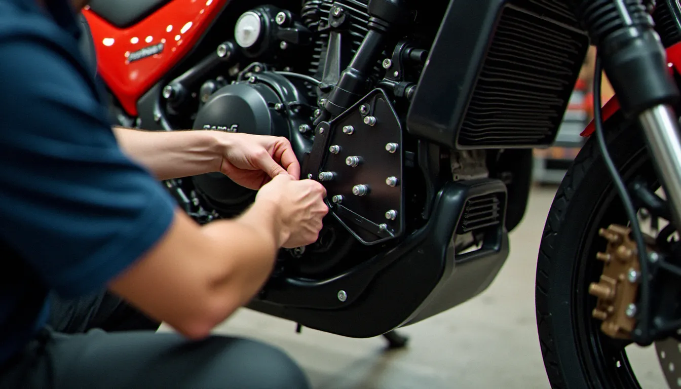 Montage d'un sabot moteur rally sur une Honda Transalp 600 dans un atelier de préparateur moto