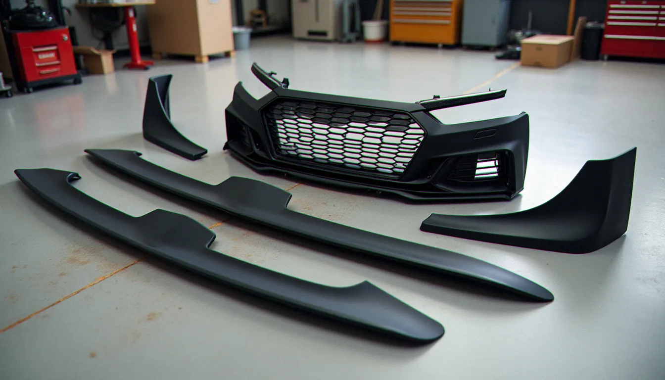 Pièces de kit carrosserie Audi A3 en ABS noir non peint disposées sur le sol d'un atelier de préparation automobile avant montage