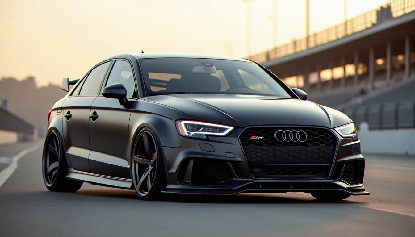 Audi A3 berline préparée en noir mat avec suspension abaissée, jantes aftermarket 18 pouces et pare-chocs sport avec splitter carbone sur voie des stands de circuit