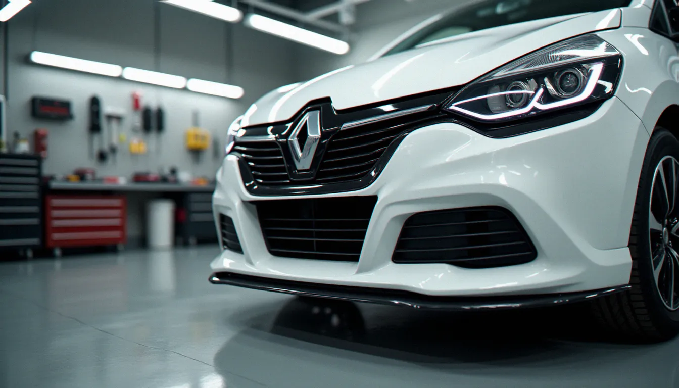 Montage d'une lèvre de bouclier avant sur une Clio 4 blanche dans un atelier, pièce de kit carrosserie tuning Clio 4 en cours d'installation professionnelle