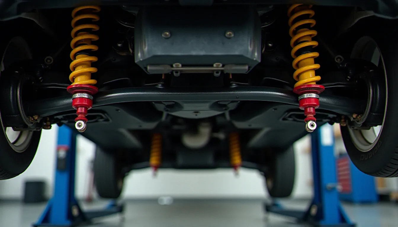 Combinés filetés réglables montés sous une Clio 4 avec colliers de réglage rouge, suspension sport dans le cadre d'un projet de tuning Clio 4 axé dynamique