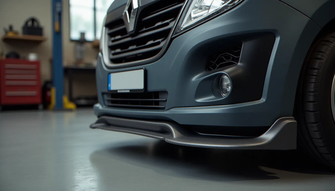 Comparaison entre bouclier avant sport et bouclier d'origine pour Renault Master 3, pièces carrosserie tuning posées dans un atelier