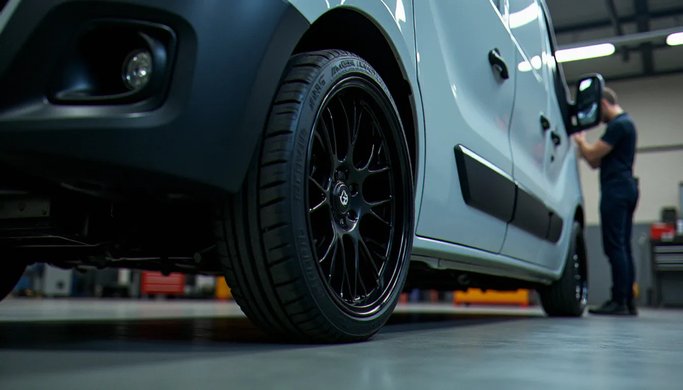 Vue du train roulant d'un Renault Master 3 tuné avec jantes sport et suspension abaissée, modification suspension et jantes aftermarket en atelier