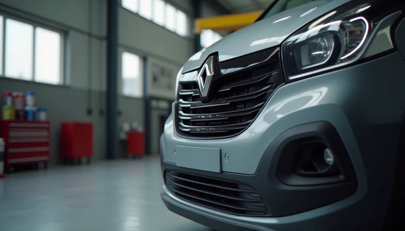 Pièce de bouclier avant en ABS pour kit carrosserie tuning Trafic 3, examinée dans un atelier de préparation automobile