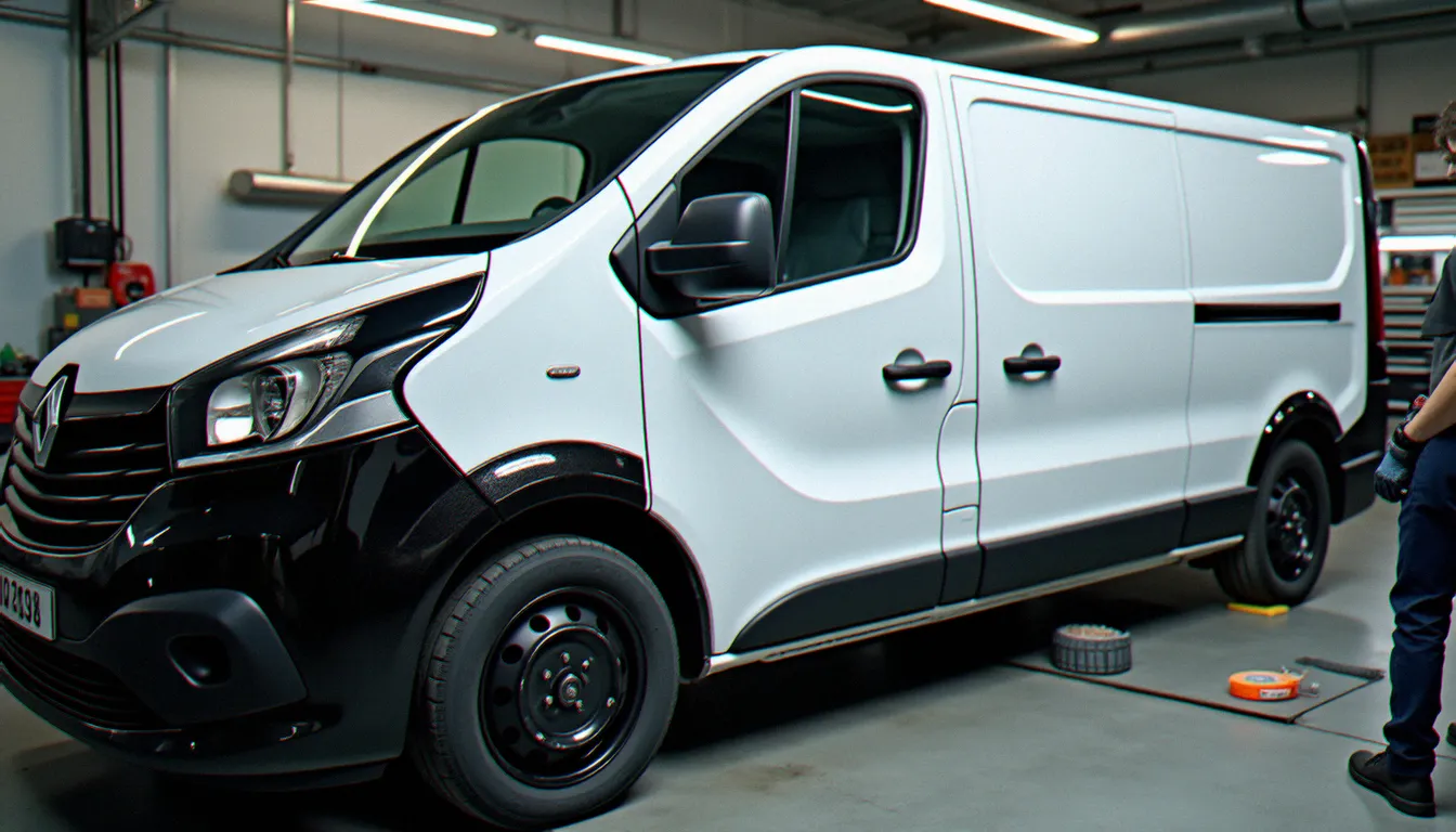 Pose de bas de caisse tuning sur un Renault Trafic 3 blanc lors d'une préparation carrosserie en atelier professionnel