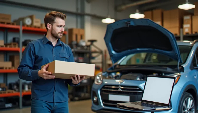 Passionné dans son garage avec une pièce de carrosserie neuve en carton, préparant une commande de pièces auto 24 pour sa voiture