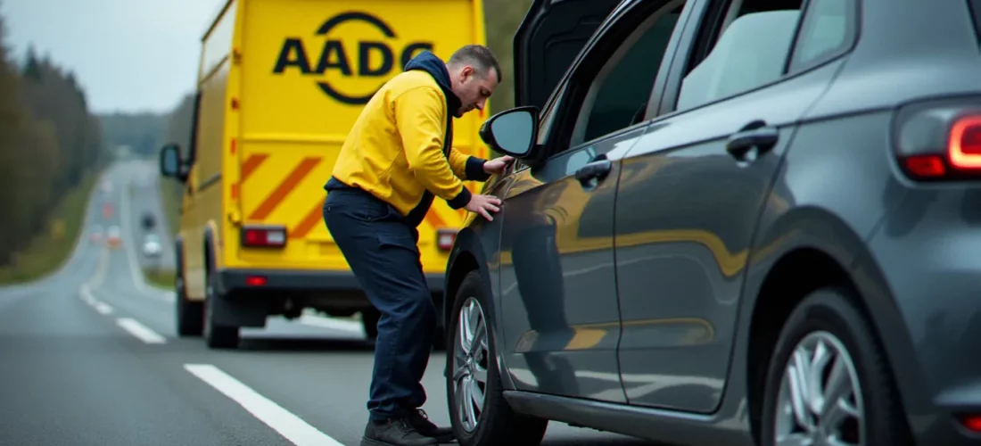 Technicien de l'Allgemeiner Deutscher Automobil-Club en uniforme jaune intervenant sur une voiture en panne sur une autoroute allemande