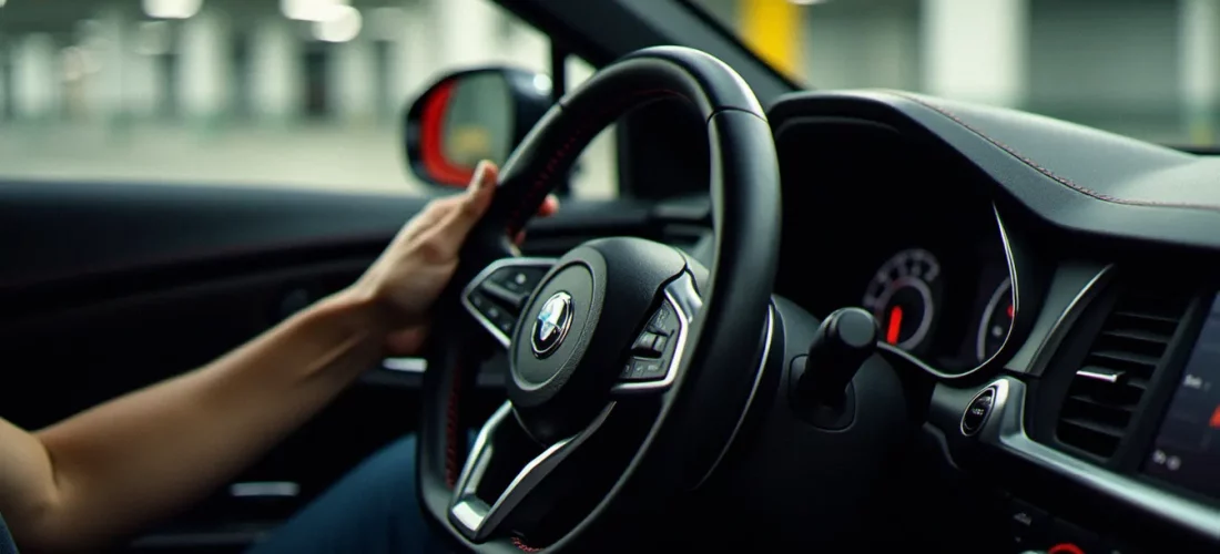 Antivol mécanique bloque-volant en acier monté sur un volant de voiture — solution antifurto per auto efficace et dissuasive