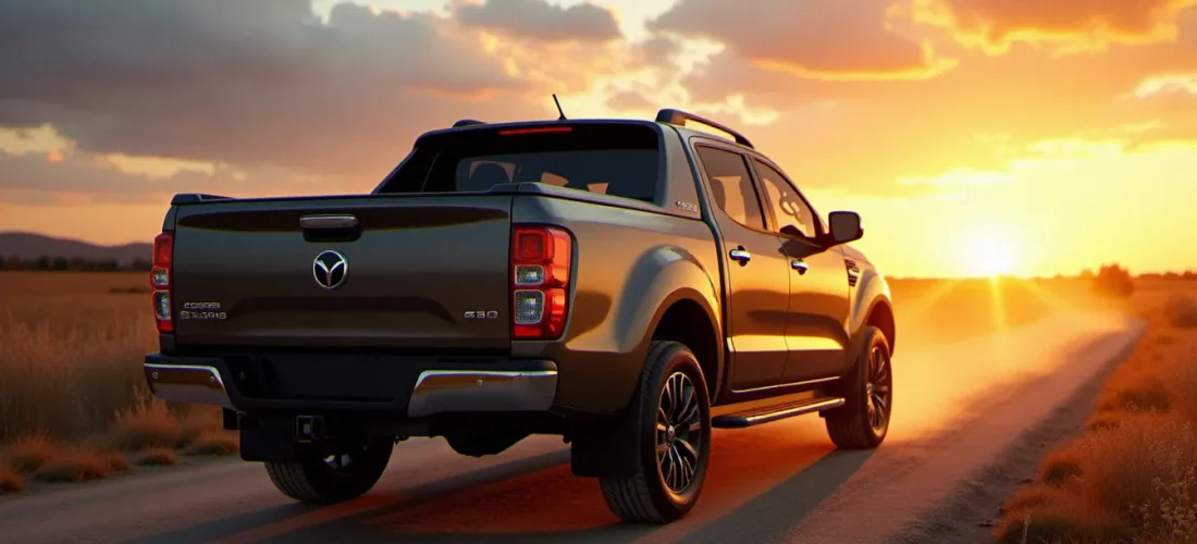 Auto avec boite de pick up vue de l'arrière, plateau ouvert avec ridelles en acier et hayon abaissé, sur route de campagne au coucher du soleil