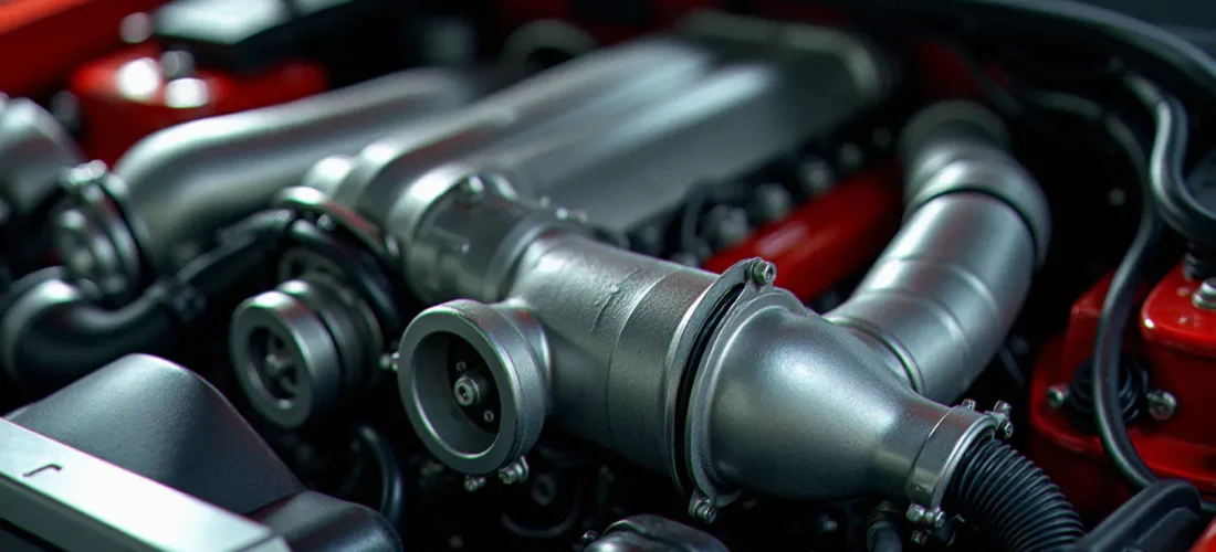 Moteur turbo d'une auto avec cheval élevé, vue détaillée du compartiment moteur avec turbocompresseur visible