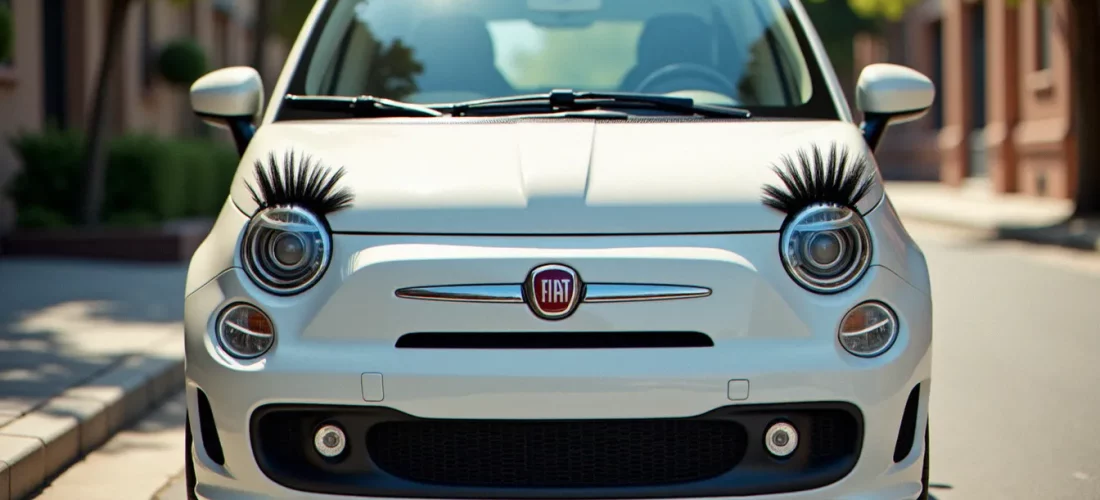 Fiat 500 blanche avec des cils noirs posés au-dessus des phares ronds, donnant à l'auto avec des cils un aspect expressif et fun