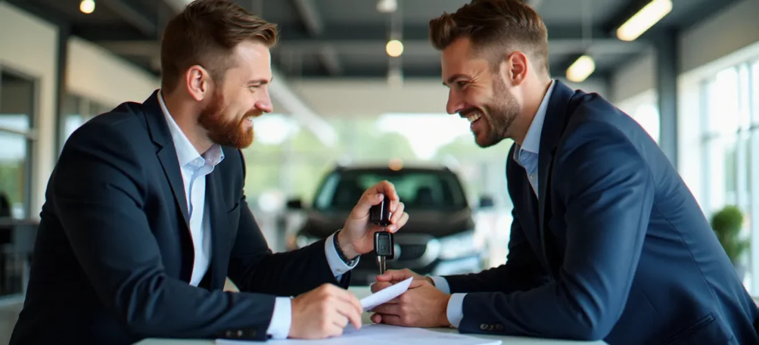 Remise de clés et signature d'un contrat de financement maison pour une auto dans une concession automobile moderne