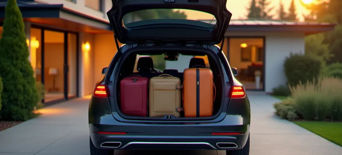 Une auto avec grand coffre ouvert chargée de valises et sacs de voyage, vue arrière en lumière naturelle