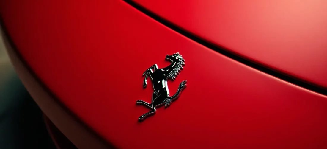 Badge cheval cabré chromé sur capot de voiture de sport rouge, emblème auto avec signe de cheval en gros plan