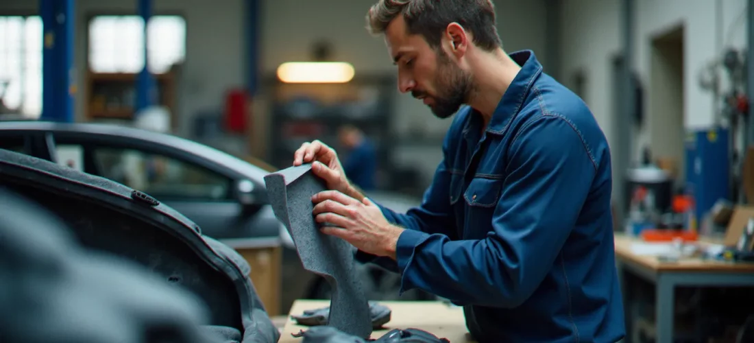Préparateur auto examinant un kit carrosserie pour évaluer la qualité de surface avant installation, auto avis terrain en atelier