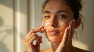 Femme appliquant un auto bronzant naturel visage du bout des doigts sur une peau lumineuse et dorée, lumière naturelle douce