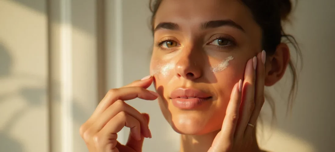 Femme appliquant un auto bronzant naturel visage du bout des doigts sur une peau lumineuse et dorée, lumière naturelle douce