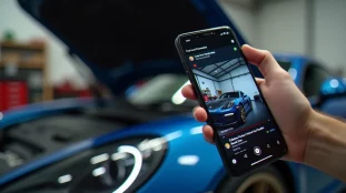 Smartphone affichant une vidéo TikTok de pose de spoiler avec la section commentaires visible, tenu au-dessus du capot ouvert d'une voiture dans un garage