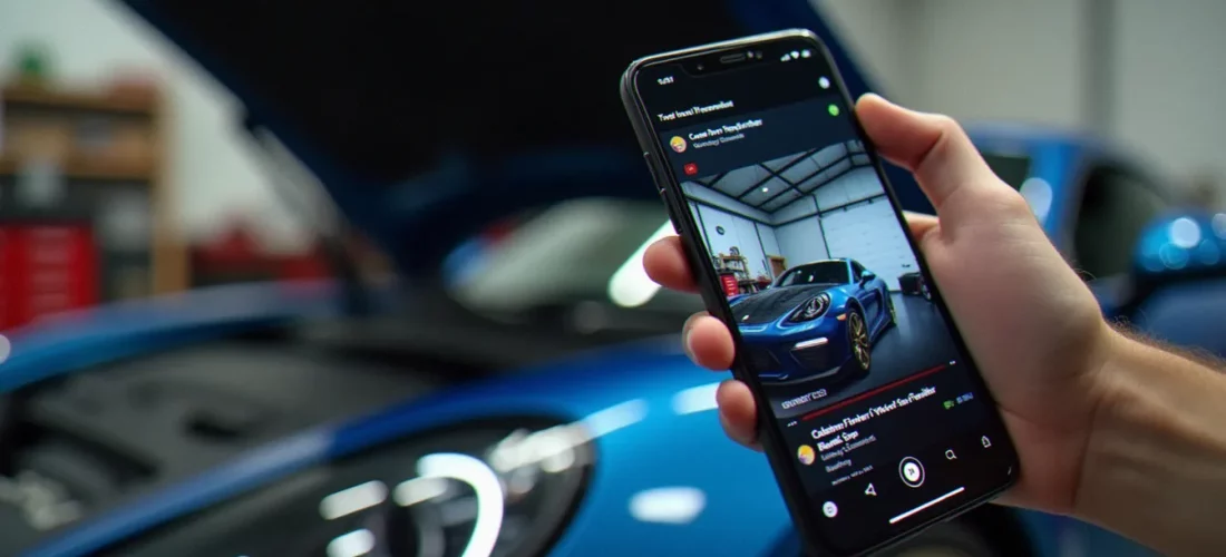 Smartphone affichant une vidéo TikTok de pose de spoiler avec la section commentaires visible, tenu au-dessus du capot ouvert d'une voiture dans un garage