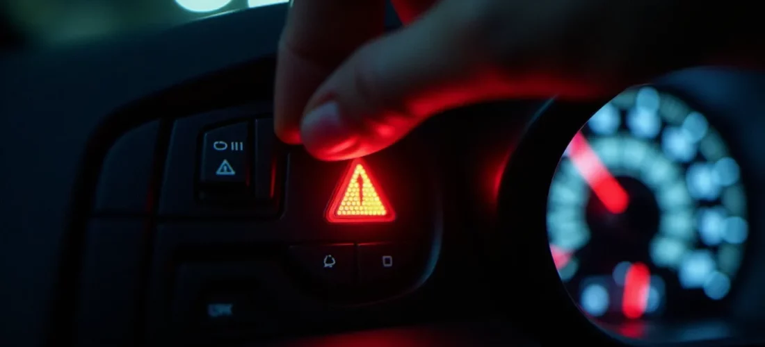 Bouton auto danger light triangle rouge éclairé sur le tableau de bord d'une voiture de nuit