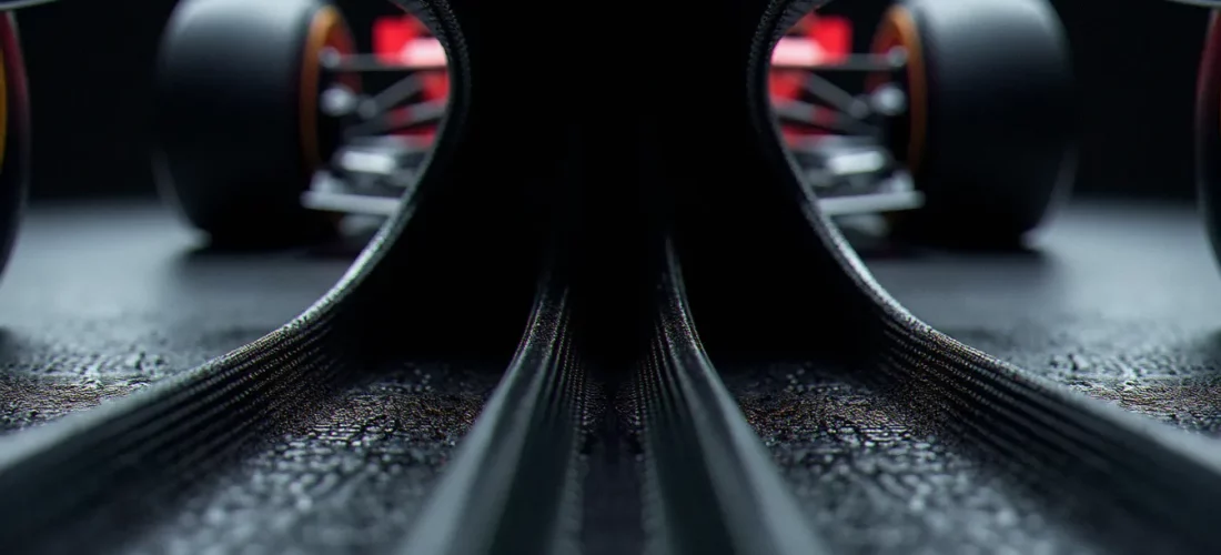 Soubassement d'une auto F1 à effet de sol avec tunnels venturi et diffuseur en fibre de carbone illustrant l'effetto suolo F1