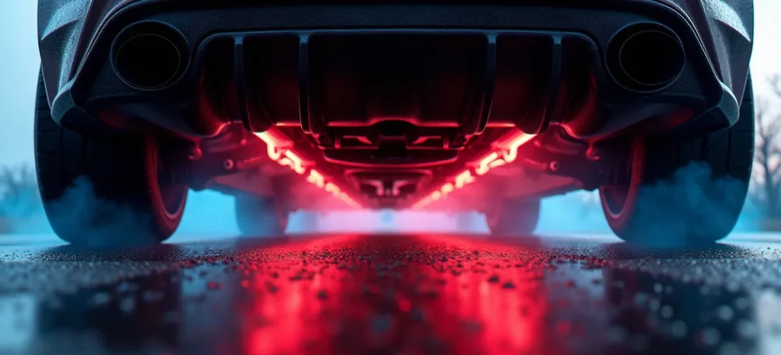 Vue sous un diffuseur arrière canalisé illustrant le principe de l'auto effetto venturi avec visualisation de l'écoulement d'air par fumée colorée