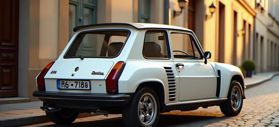 Renault 5 GT Turbo blanche sur rue pavée française en lumière dorée, auto France 5 iconique avec spoilers d'origine et jantes alliage