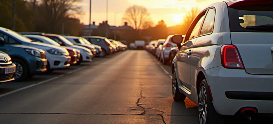 Auto France occasion stationnée sur un parc de véhicules d'occasion en lumière dorée, avec une aile arrière en cours de retouche carrosserie