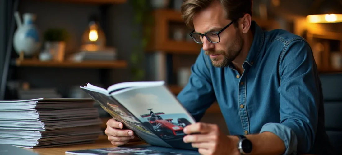 Un passionné d'auto hebdo France parcourant un magazine automobile français posé sur un bureau d'atelier entouré de publications spécialisées