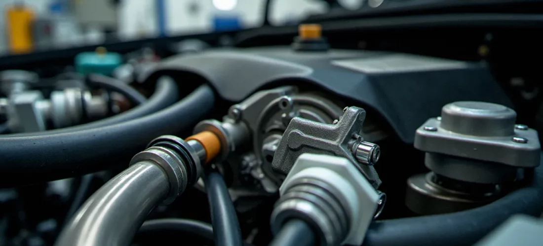 Moteur de véhicule GNV avec rampe d'injection gaz naturel sous pression illustrant l'auto inflammation gaz naturel et les systèmes de combustion alternative