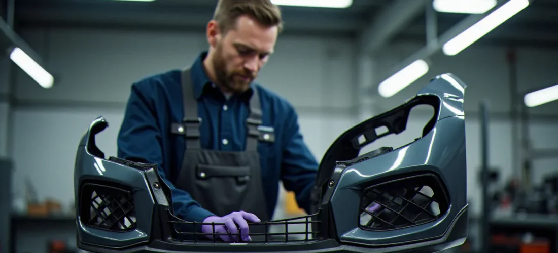 Mécanicien inspectant une pièce de carrosserie type pare-chocs avant dans un atelier automobile professionnel, en lien avec le choix d'un fournisseur comme Auto Meilleur Ltée